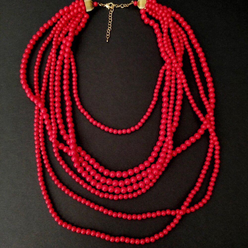 Long 7 strand layered red beaded necklace - Picture 7 of 10